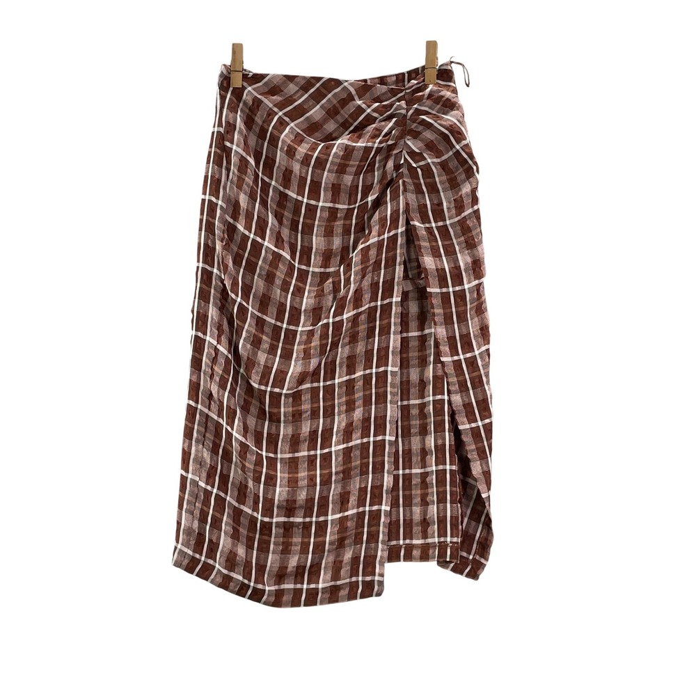 Zara Plaid Midi Skirt Women Large Brown Ruched Draped High Slit Checkered School